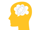 Illustration of an orange head with a scribble in a clouded mind